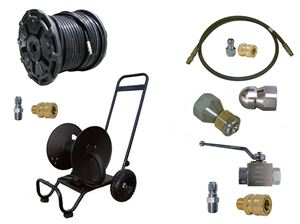 Ball Valve Hose Reel 1/4 x 200 Hose and Nozzles Scheiffer Sewer Jetter Kit 